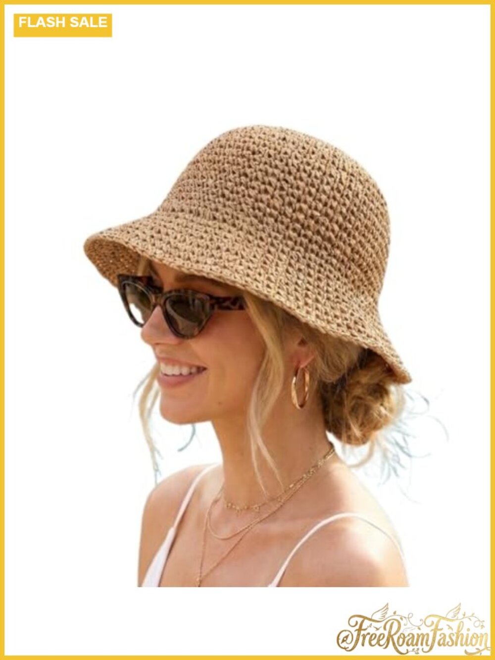 Woven Straw Wide Brim Floppy Sun Hat Packable Foldable Beach Travel